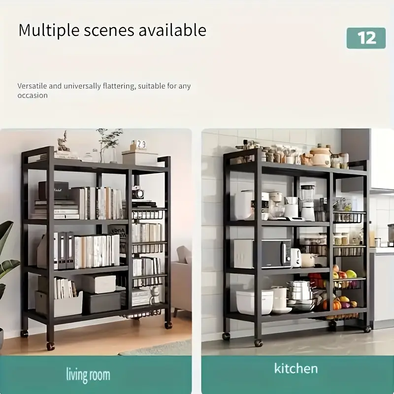 Estante de almacenamiento de cocina con cestas de malla, carrito de servicio con de metal con ruedas, estante de con estantes ajustables, para cocina, baño, , detalles 3