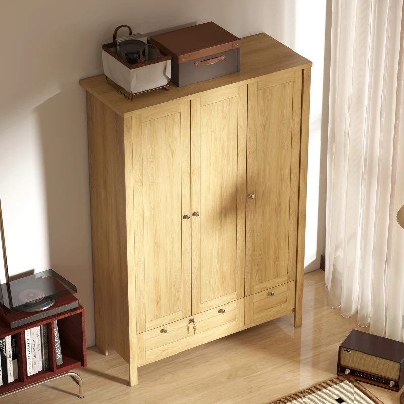 HOMCOM Armario de 3 Puertas con 2 Cajones, Armario de Dormitorio con Cajón con Cerradura, Barra para Colgar y Estantes de Almacenamiento, Natural