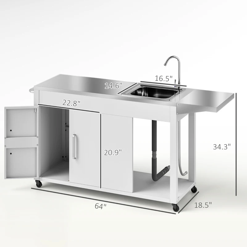 Mesa de parrilla para exteriores con fregadero y drenaje de acero inoxidable, carrito de parrilla con mesa auxiliar plegable y gabinete, isla de cocina para exteriores con ruedas