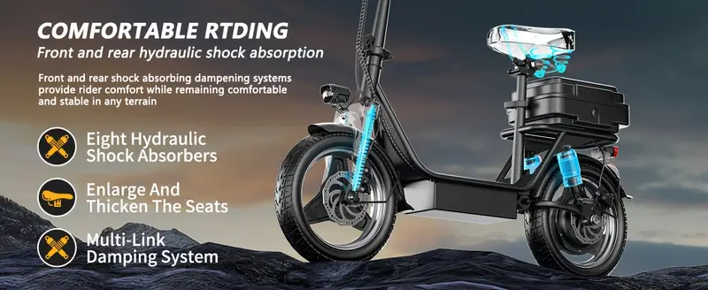 Patinete eléctrico para adultos, patinete eléctrico con asiento, motor de 500 W pico 650 W, hasta 20 MPH y 30 millas de autonomía, batería de 36   AH, neumático de 14 pulgadas, con caja trasera. detalles 1