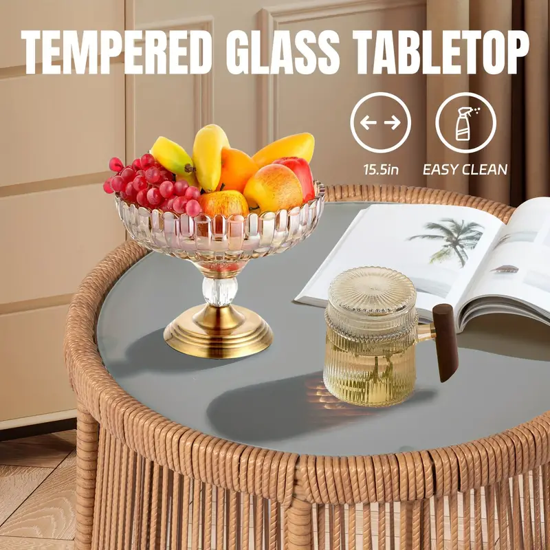 Juego de 3 muebles de mimbre para patio, incluye 2 sillas y una mesa con tapa de vidrio, ideal para porche, exterior, patio trasero, apartamento, balcón, color natural.