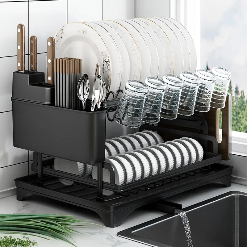 Estante de secado de platos de hierro de 2 niveles con escurridor y soporte para cubiertos, organizador de platos y tazones para encimera de cocina, estante para platos con bloque de cuchillos, soporte para vasos - Regalo perfecto para mujeres, esposa, gadget de cocina para el día de la madre detalles 2