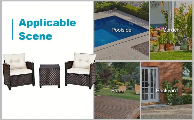 Conjunto De Muebles De Patio De Ratán Costway De 3 Piezas, Conjunto De Conversación De   De Mimbre Con 2 Sillones Acolchados Y Mesa Con Tapa De Vidrio, Conjunto De Sofá De Ratán Para Exteriores Para Patio, Porche,   Y Piscina detalles 1