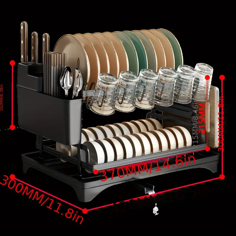 Estante de secado de platos de hierro de 2 niveles con escurridor y soporte para cubiertos, organizador de platos y tazones para encimera de cocina, estante para platos con bloque de cuchillos, soporte para vasos - Regalo perfecto para mujeres, esposa, gadget de cocina para el día de la madre detalles 6