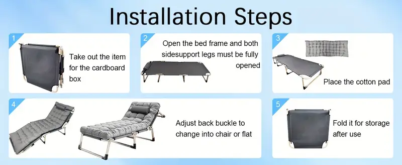 Cama plegable portátil para  , tumbona de gran tamaño de 28.7 pulgadas, ajustable en 5 posiciones, con almohada, capacidad de peso de 500  , tela Oxford   resistencia 1200D con colchón, para viajes, habitación,  , garaje. detalles 2