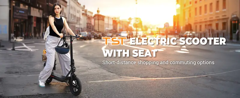 TST Scooter El&eacute;ctrico con Asiento, Scooter El&eacute;ctrico Plegable de Comunicaci&oacute;n para Adultos de 300W, Neum&aacute;tico de 12 de Di&aacute;metro, hasta 16 Mph, con Cesta y Asiento Ajustable   detalles 0