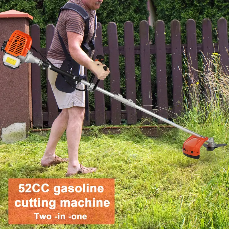 Un cortacésped de gasolina de 52 cc, 2 en 1, inalámbrico, de 70.87*13.78*13.78 pulgadas, con 2  , desbrozadora de mano, incluye mango de plástico y correa para el hombro. detalles 0
