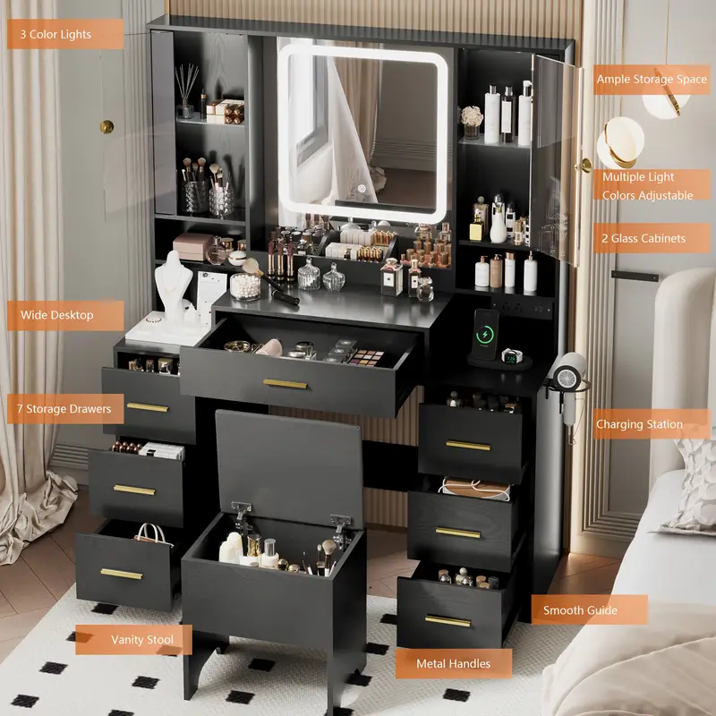 espejo de tocador con luces escritorio con silla y gabinete de vidrio led, tocador con espejo   y toma de corriente, tocador con 7 cajones detalles 3