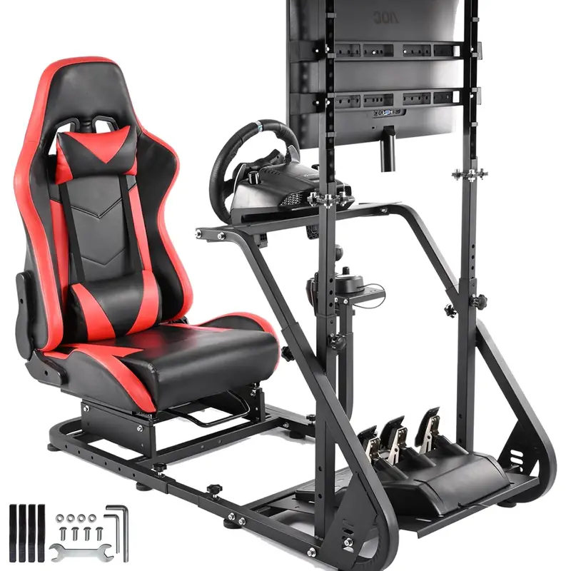 Cabina de simulación de carreras de juegos con soporte de monitor para Logitech/ / G27 G29 T300RS TX T3PA TGT, con asiento rojo y montaje de TV, sin volante ni pedales detalles 0