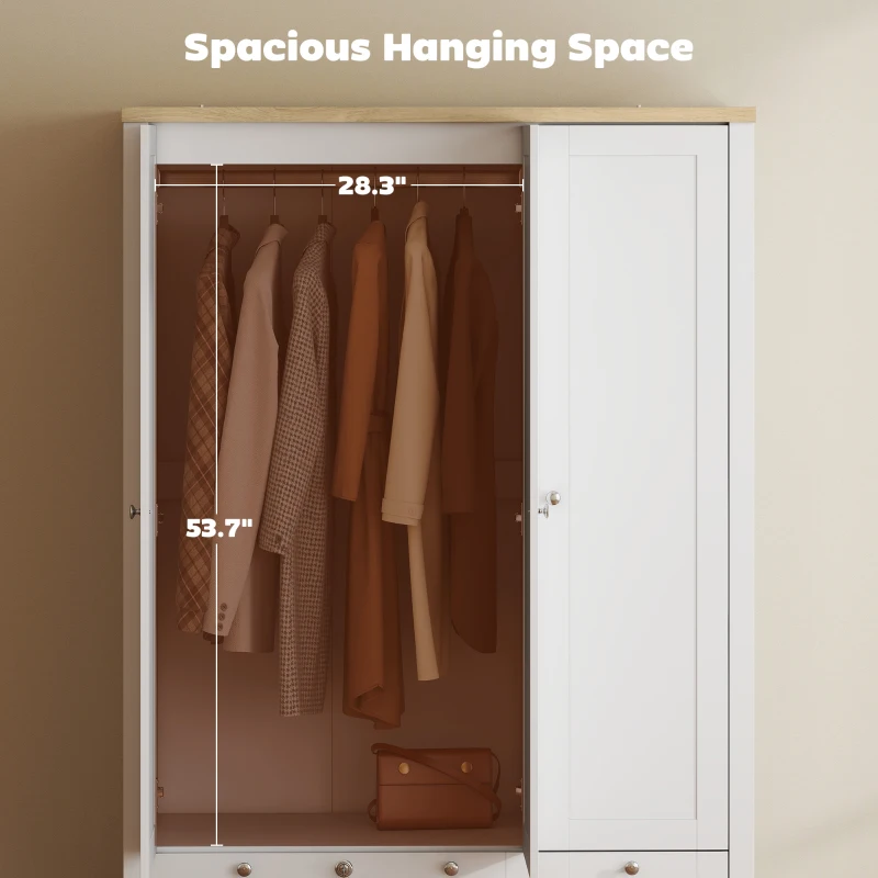 HOMCOM Armario de 3 Puertas con 2 Cajones, Armario de Dormitorio con Cajón con Cerradura, Barra para Colgar y Estantes de Almacenamiento, Natural