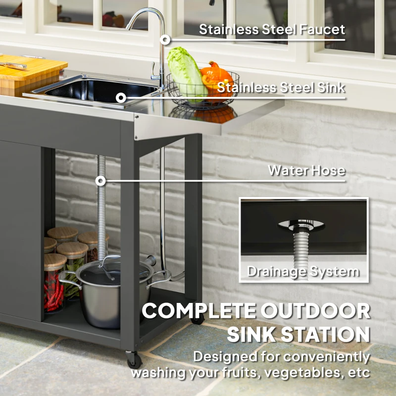 Mesa de parrilla para exteriores con fregadero y drenaje de acero inoxidable, carrito de parrilla con mesa auxiliar plegable y gabinete, isla de cocina para exteriores con ruedas