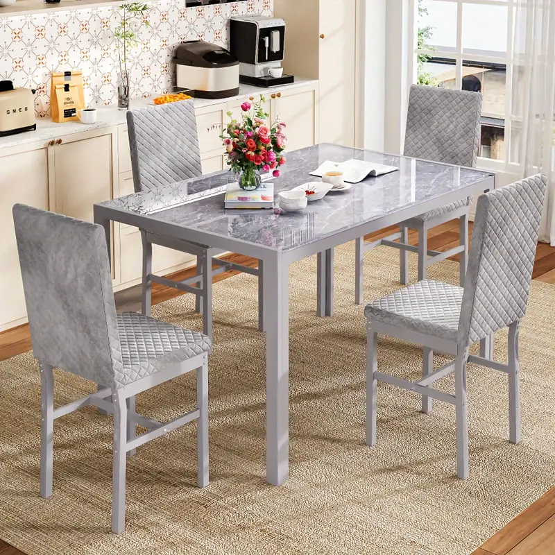 Conjunto de mesa de comedor de 5 piezas de estilo moderno y , conjunto de de 5 piezas con tapa de vidrio templado, marco de metal y sillas de comedor tapizadas en cuero sintético, conjunto de mesa de comedor para desayunar de mostrador para 4 personas en espacios pequeños detalles 1