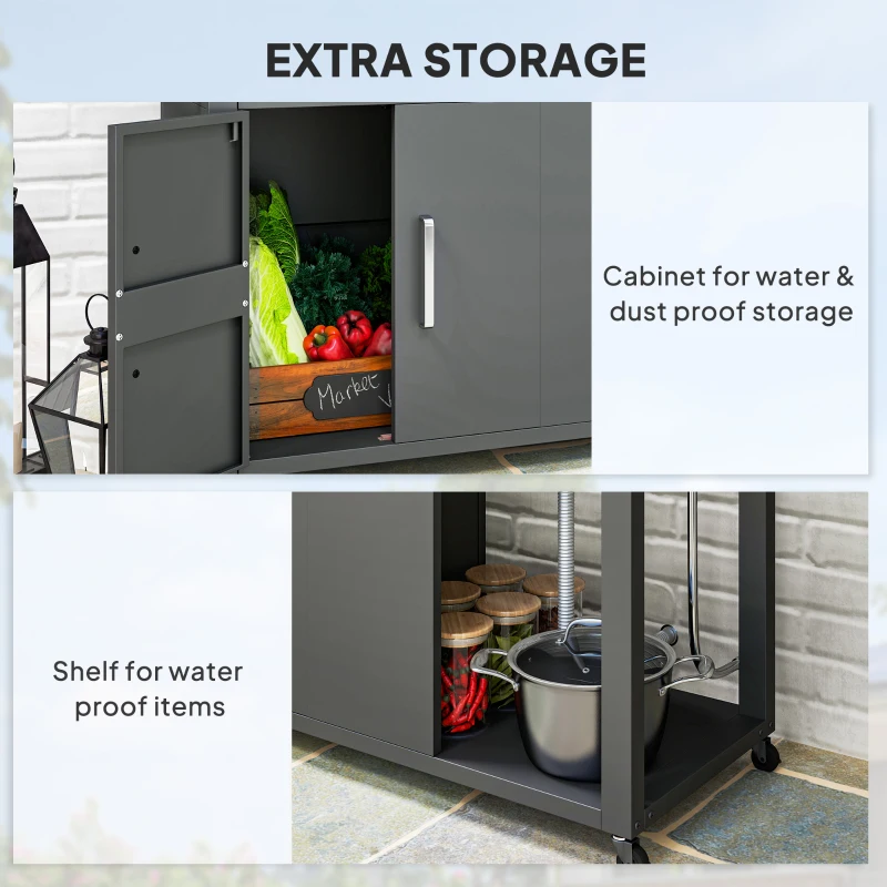 Mesa de parrilla para exteriores con fregadero y drenaje de acero inoxidable, carrito de parrilla con mesa auxiliar plegable y gabinete, isla de cocina para exteriores con ruedas