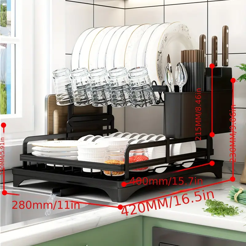 Estante de secado de platos de hierro de 2 niveles con escurridor y soporte para cubiertos, organizador de platos y tazones para encimera de cocina, estante para platos con bloque de cuchillos, soporte para vasos - Regalo perfecto para mujeres, esposa, gadget de cocina para el día de la madre detalles 5