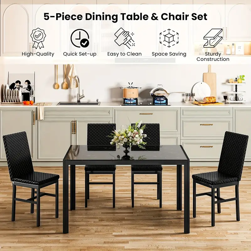 Conjunto de mesa de comedor de 5 piezas de estilo moderno y , conjunto de de 5 piezas con tapa de vidrio templado, marco de metal y sillas de comedor tapizadas en cuero sintético, conjunto de mesa de comedor para desayunar de mostrador para 4 personas en espacios pequeños detalles 8