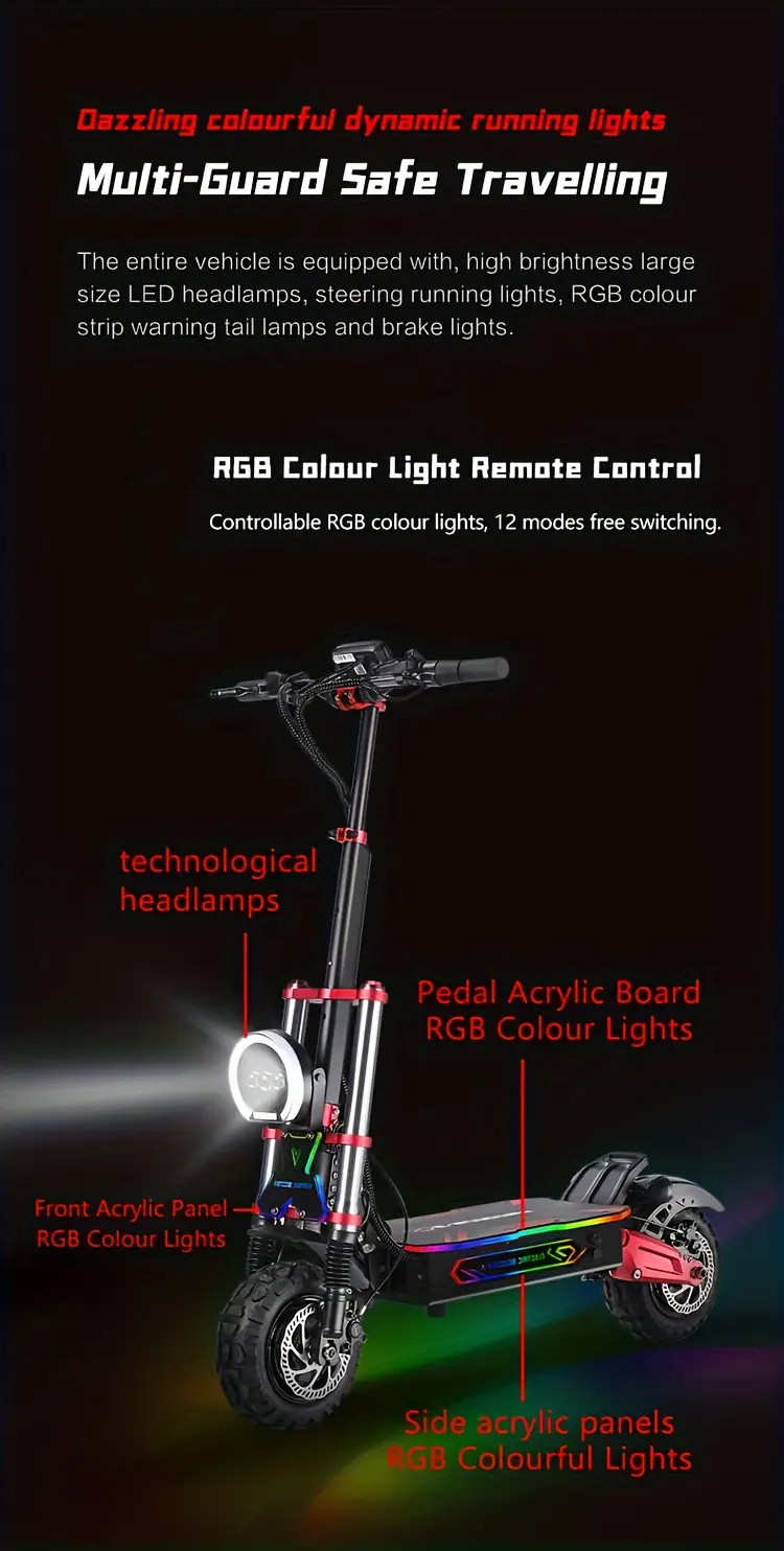 Patinete eléctrico   velocidad con   motor, carga   de 200 kg, con faros   y luces RGB  , grado   de 45°, batería   de 60V38Ah, autonomía de 120 km para adultos. detalles 6