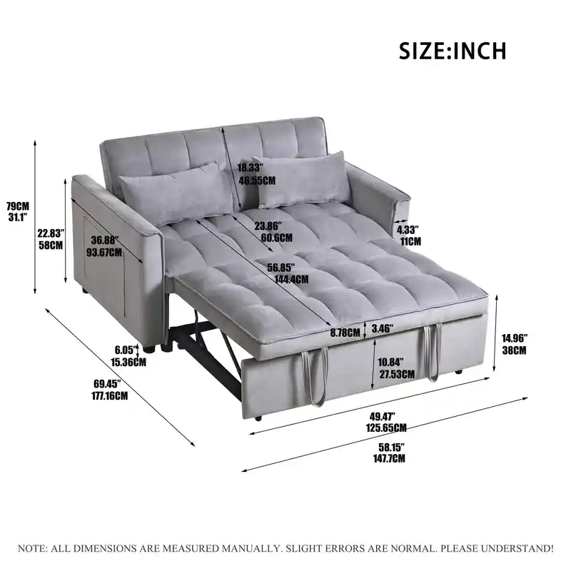 diván cama de terciopelo lujoso 3-en-1 con respaldo ajustable - salón moderno de   asiento, tapicería acolchada   con bolsillos   y almohadas   -   de metal, diseño de cabecero abierto para decoración de salón contemporáneo, futón, sofá cama, sofá de   plazas, multifuncional detalles 5