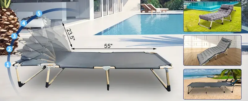 Cama plegable portátil para  , tumbona de gran tamaño de 28.7 pulgadas, ajustable en 5 posiciones, con almohada, capacidad de peso de 500  , tela Oxford   resistencia 1200D con colchón, para viajes, habitación,  , garaje. detalles 1