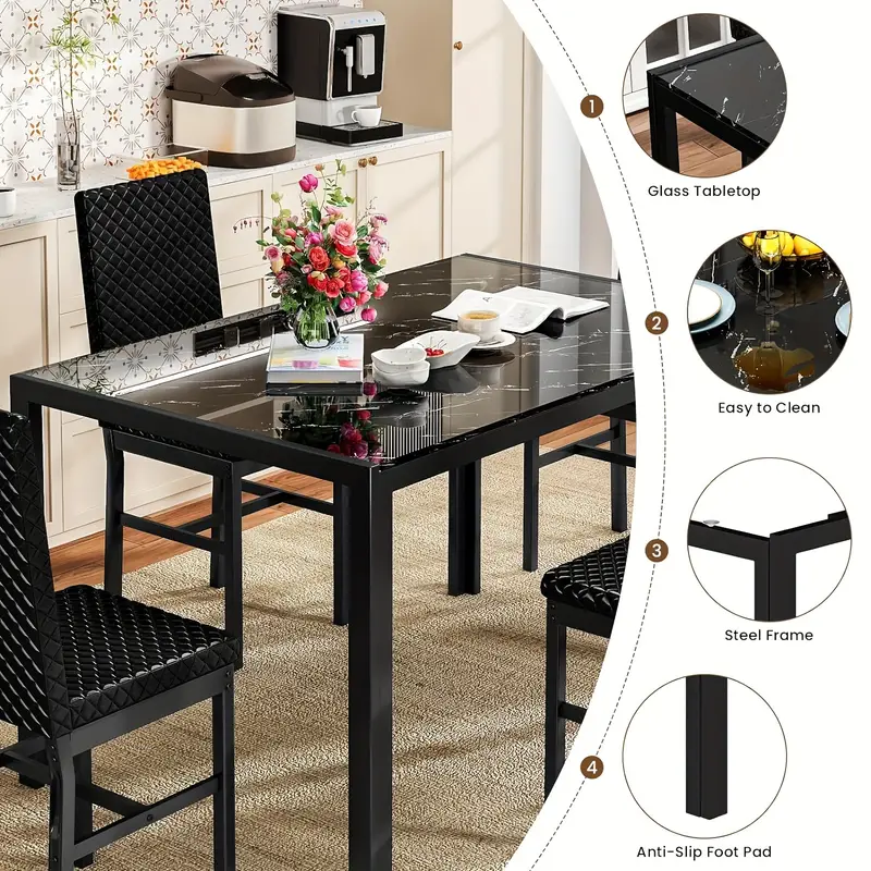 Conjunto de mesa de comedor de 5 piezas de estilo moderno y , conjunto de de 5 piezas con tapa de vidrio templado, marco de metal y sillas de comedor tapizadas en cuero sintético, conjunto de mesa de comedor para desayunar de mostrador para 4 personas en espacios pequeños detalles 0