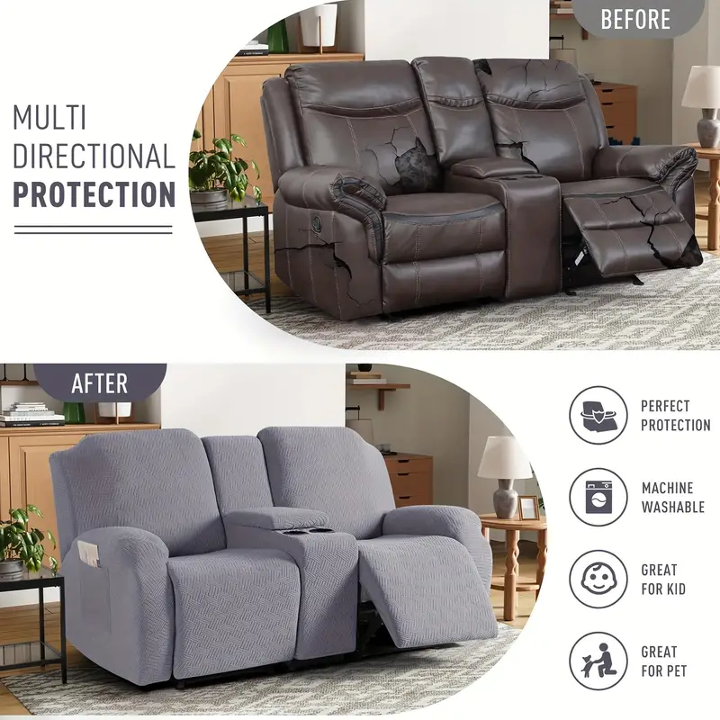 Conjunto de funda para sillón reclinable de 8 piezas con consola central - Ajuste elástico amigable para mascotas de poliéster y spandex con cierre de banda elástica, diseño de una sola pieza lavable a máquina protector de muebles para sillas de masaje de teatro de asiento doble detalles 2
