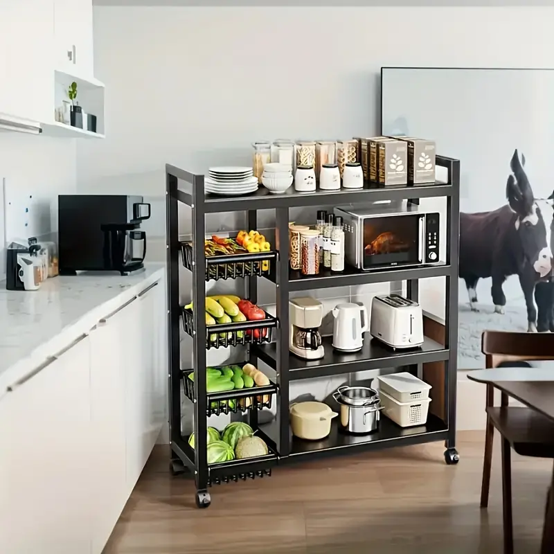 Cesta de almacenamiento de malla rodante con deslizamiento universal para la limpieza y el almacenamiento, cesta de almacenamiento de verduras, estante de almacenamiento de cocina, estante de almacenamiento práctico para almacenar suministros. detalles 0