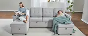 84 inch pull out couch tufted sofa bed with 2 usb cup holders l shape sleeper sofa with storage chaise light grey details 2