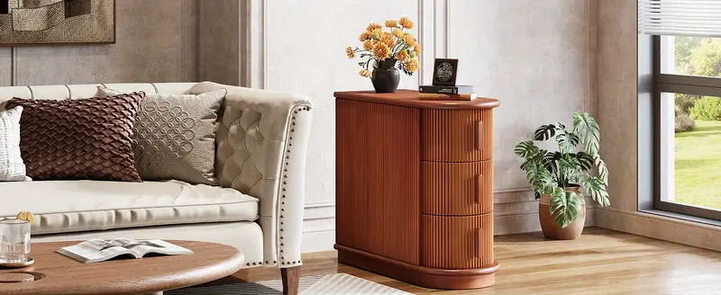 Mesa auxiliar de sofá   de 3 cajones, mesa auxiliar de    , mesa auxiliar estrecha    ,   de        , dormitorio,   acabado, no requiere  , nogal detalles 2