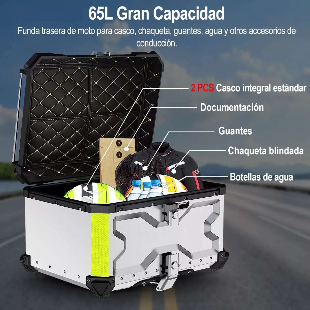 Caja Moto Top Case Aluminio Baul Con Respaldo Para 2 Cascos