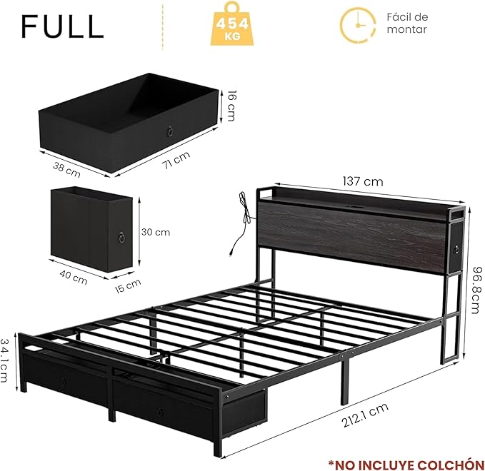 FABATO Base Cama Matrimonial - Cabecera con 4 Cajones y Espacio Debajo de la Cama - 2 Salidas de CA y 1 USB, 1 Tipo C - Plataforma de Metal Antideslizante sin Ruido