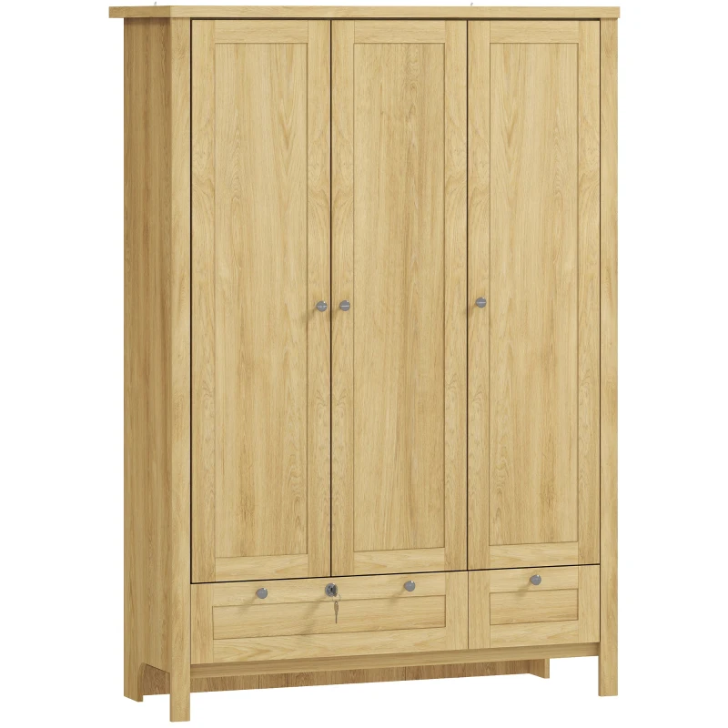 HOMCOM Armario de 3 Puertas con 2 Cajones, Armario de Dormitorio con Cajón con Cerradura, Barra para Colgar y Estantes de Almacenamiento, Natural