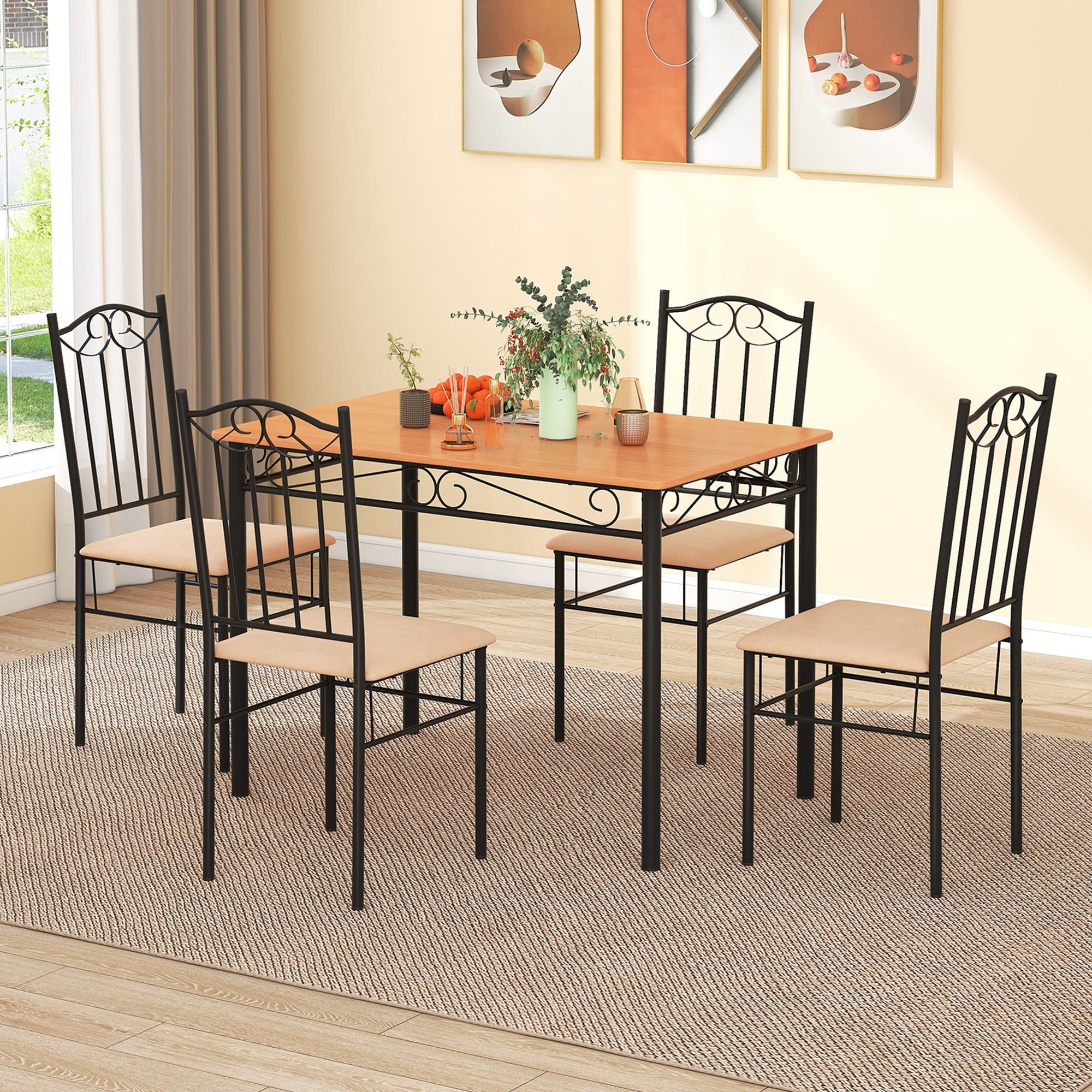 Costway Juego de comedor de 5 piezas, mesa de metal de madera de 30 "y 4 sillas, muebles de desayuno de cocina negros