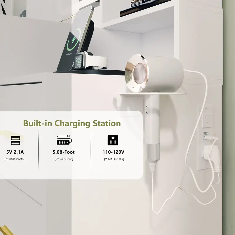 espejo de tocador con luces escritorio con silla y gabinete de vidrio led, tocador con espejo   y toma de corriente, tocador con 7 cajones detalles 9