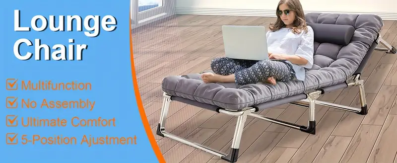 Cama plegable portátil para  , tumbona de gran tamaño de 28.7 pulgadas, ajustable en 5 posiciones, con almohada, capacidad de peso de 500  , tela Oxford   resistencia 1200D con colchón, para viajes, habitación,  , garaje. detalles 0