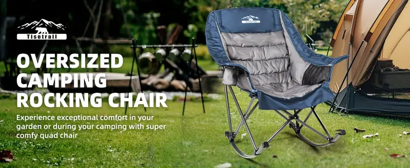 Silla de camping mecedora de gran tamaño  , sillas de camping totalmente acolchadas para adultos con bolsillo lateral y portavasos, capacidad de 500 libras para trabajo pesado,   y gris detalles 0