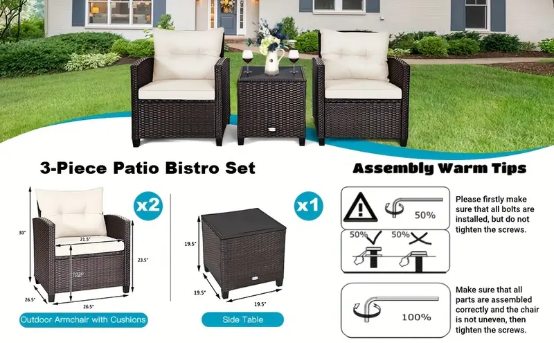 Conjunto De Muebles De Patio De Ratán Costway De 3 Piezas, Conjunto De Conversación De   De Mimbre Con 2 Sillones Acolchados Y Mesa Con Tapa De Vidrio, Conjunto De Sofá De Ratán Para Exteriores Para Patio, Porche,   Y Piscina detalles 2