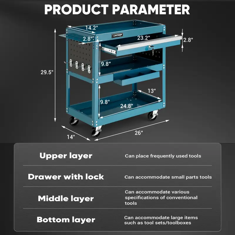 3 tier rolling tool cart 330 lbs capacity heavy duty utility cart industrial   tool cart tool organizer with wheels storage drawer design for garage warehouse   details 5