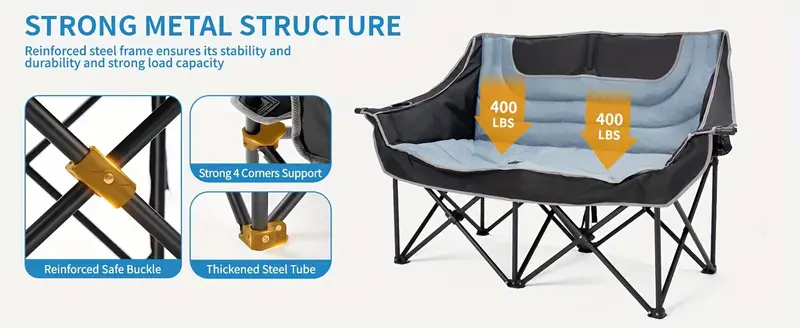 Silla de camping doble  , silla de camping acolchada para   adultos, silla plegable de gran tamaño, silla de camping, tumbona de jardín, sillas de salón para adultos. detalles 3