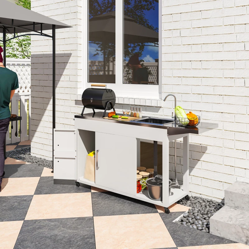 Mesa de parrilla para exteriores con fregadero y drenaje de acero inoxidable, carrito de parrilla con mesa auxiliar plegable y gabinete, isla de cocina para exteriores con ruedas