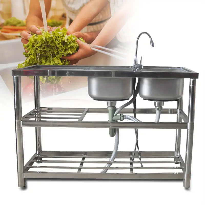 Fregadero comercial de cocina con 2 cubetas, fregadero utilitario de 2 compartimentos con 2 escurridores y 2 estantes, fregadero de cocina independiente de acero inoxidable 304 detalles 2