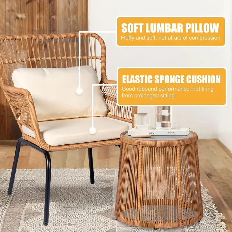 Juego de 3 muebles de mimbre para patio, incluye 2 sillas y una mesa con tapa de vidrio, ideal para porche, exterior, patio trasero, apartamento, balcón, color natural.