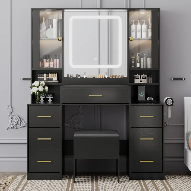 espejo de tocador con luces escritorio con silla y gabinete de vidrio led, tocador con espejo   y toma de corriente, tocador con 7 cajones detalles 1