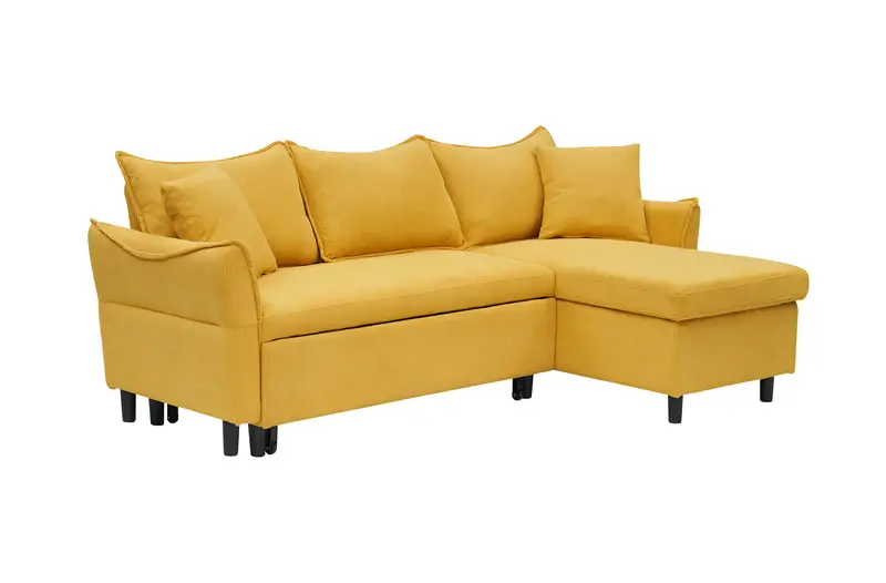 Sofá cama 3 en 1 de 80 pulgadas con funda de corduroy amarillo en forma de L, convierte en cama para almacenamiento, incluye dos pequeños cojines, ideal para sala de estar y dormitorio detalles 4