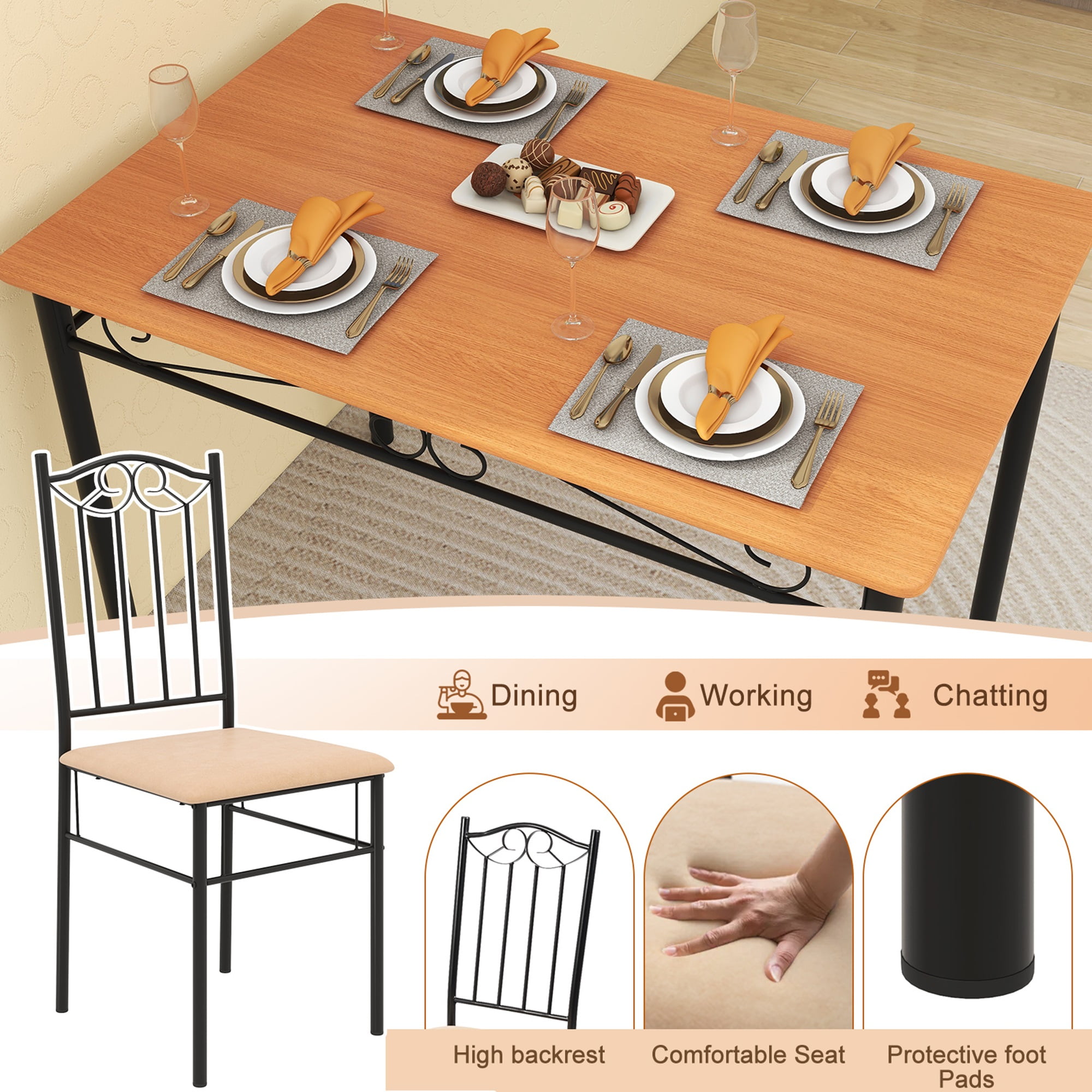 Costway Juego de comedor de 5 piezas, mesa de metal de madera de 30 "y 4 sillas, muebles de desayuno de cocina negros