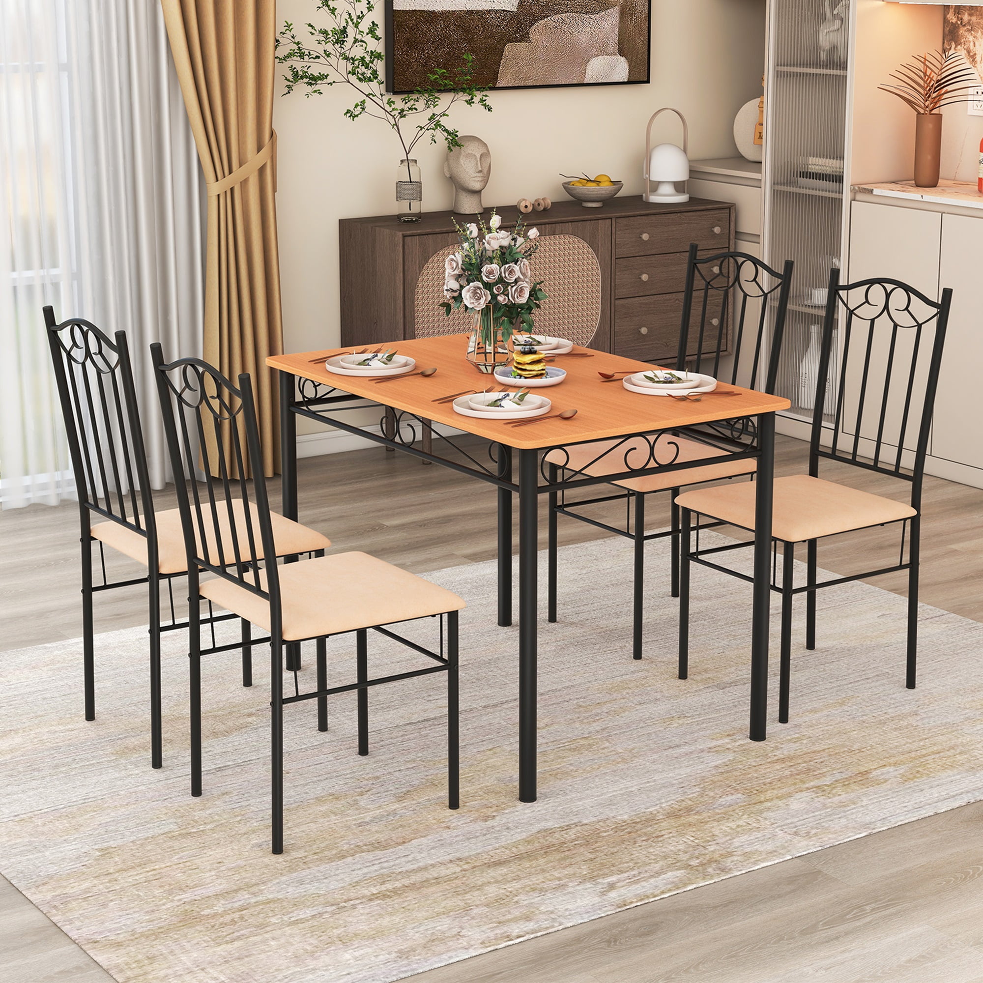 Costway Juego de comedor de 5 piezas, mesa de metal de madera de 30 "y 4 sillas, muebles de desayuno de cocina negros