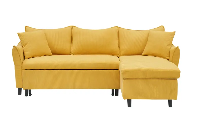 Sofá cama 3 en 1 de 80 pulgadas con funda de corduroy amarillo en forma de L, convierte en cama para almacenamiento, incluye dos pequeños cojines, ideal para sala de estar y dormitorio detalles 0