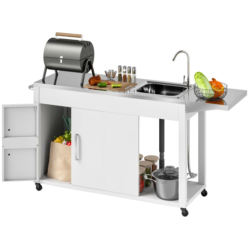Mesa de parrilla para exteriores con fregadero y drenaje de acero inoxidable, carrito de parrilla con mesa auxiliar plegable y gabinete, isla de cocina para exteriores con ruedas
