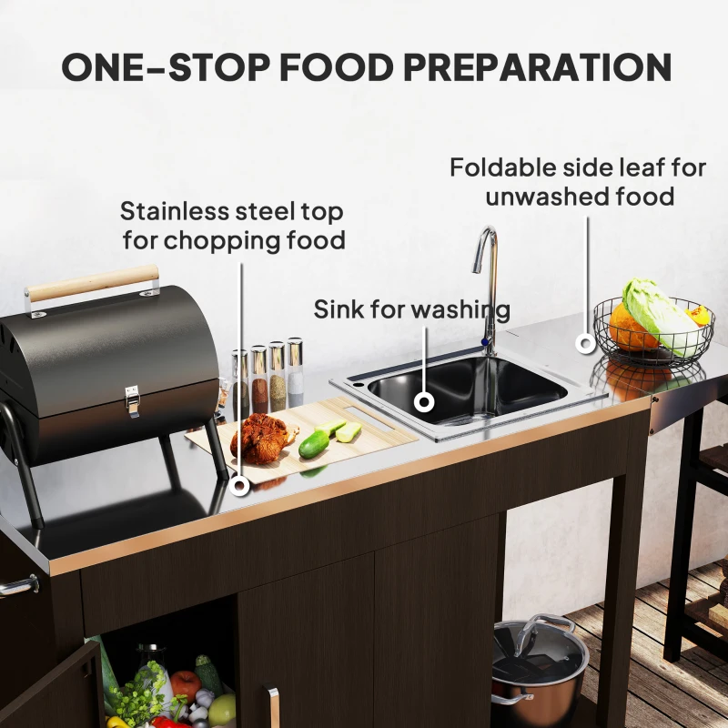 Mesa de parrilla para exteriores con fregadero y drenaje de acero inoxidable, carrito de parrilla con mesa auxiliar plegable y gabinete, isla de cocina para exteriores con ruedas
