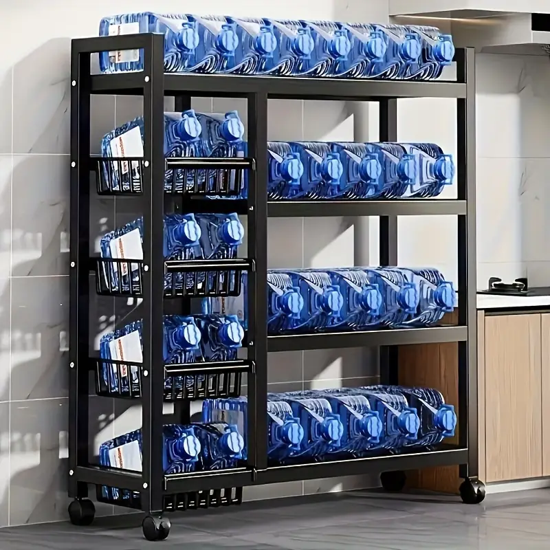 Estante de almacenamiento de cocina con cestas de malla, carrito de servicio con de metal con ruedas, estante de con estantes ajustables, para cocina, baño, , detalles 6
