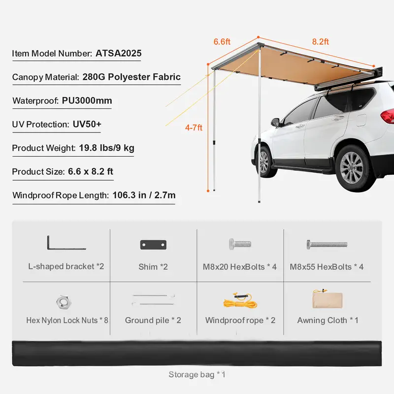   retractable vehicle side awning 6 6 x 8 2 uv50 protection adjustable height with waterproof storage bag for truck suv van campers details 4