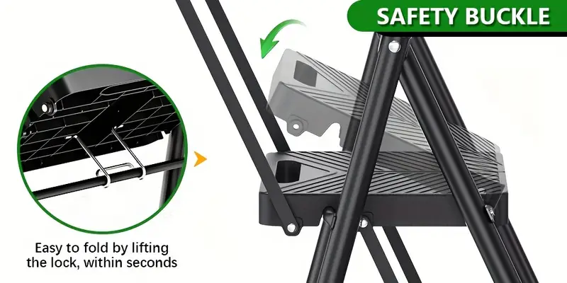Escalera Plegable de con Bloqueo Seguro - Acero Resistente, Capacidad de 500 lbs, Bandeja para Herramientas & Pedales Antideslizantes, para Uso Doméstico, Mate detalles 1